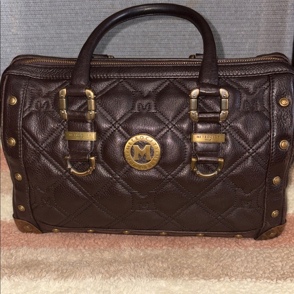 Metro cityDark Brown Quilted Satchel with Gold Accents